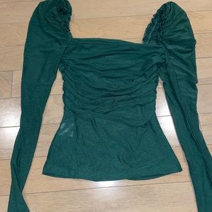 Green mesh sheer ruched square neck top